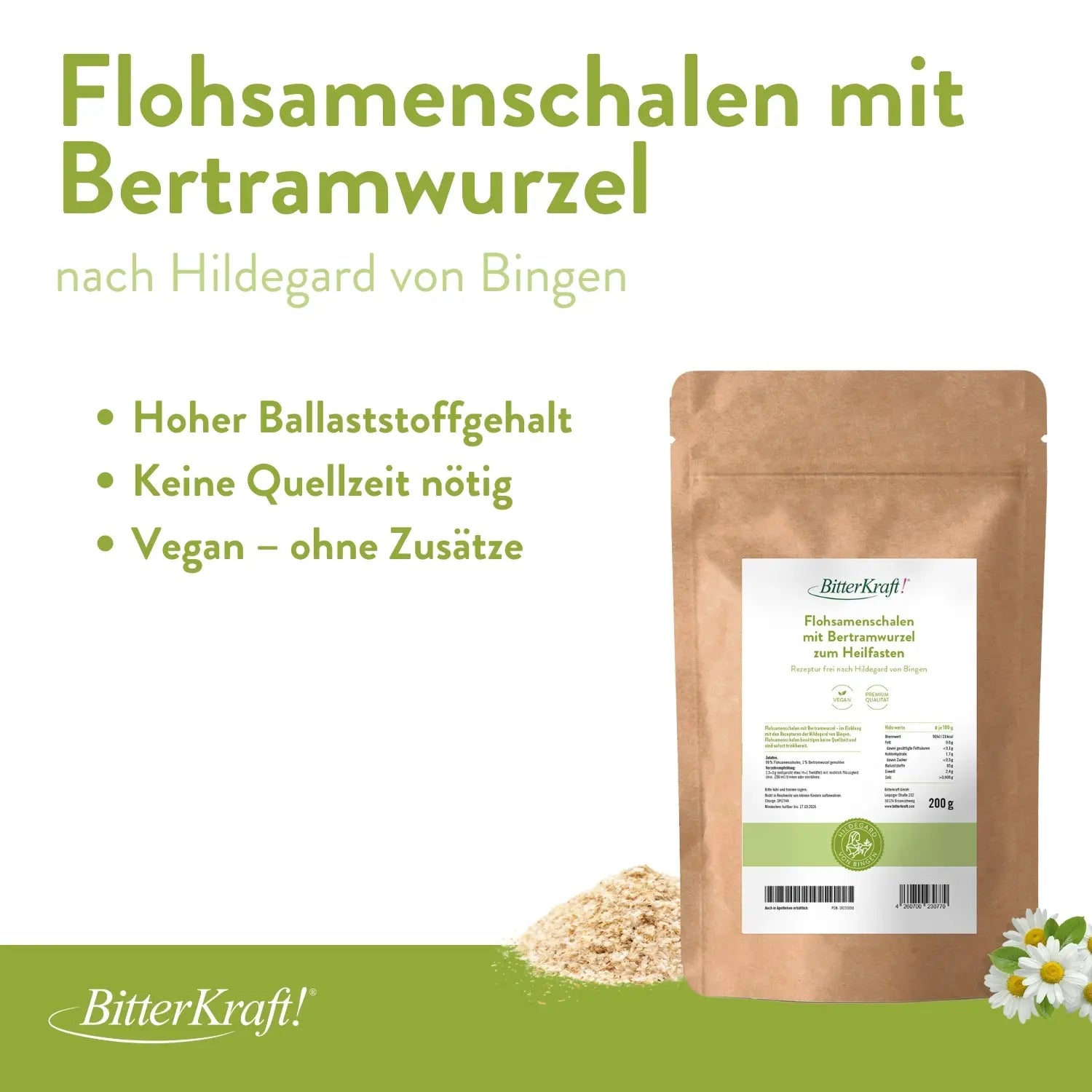 Flohsamenschalen mit 1% Bertramwurzel Bitterkraft GmbH - Bitterkraft